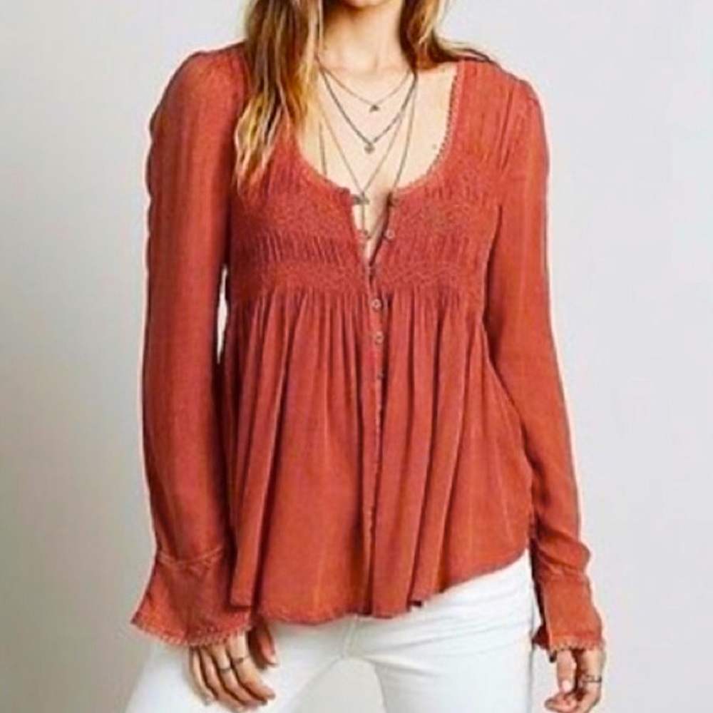 Free People Blue Bird Tunic Peasant Top burnt orange Small